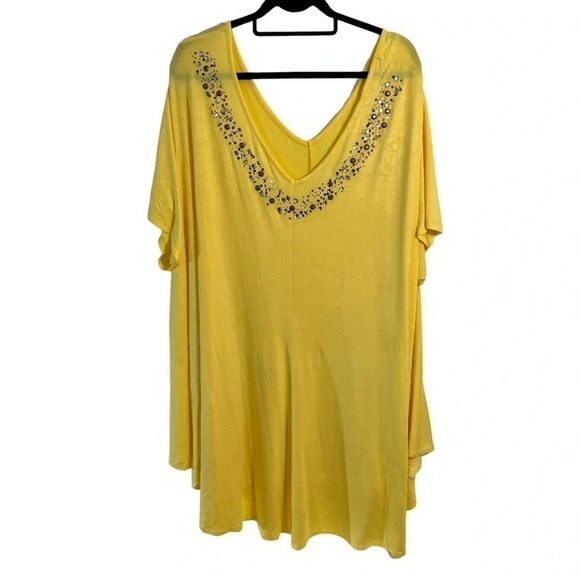 Roamans Yellow Beaded Blouse 4X Bling Rhinestone Embellished Neckline Stretch - Picture 1 of 7